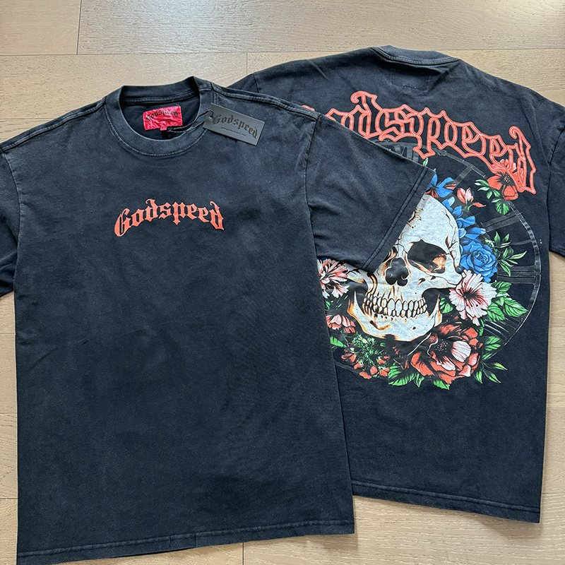 Godspeed Washed Black Skull Floral Graphic T-Shirt — comparison