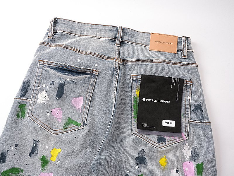 Purple Brand Light Blue Paint-Splatter Denim Shorts — detail