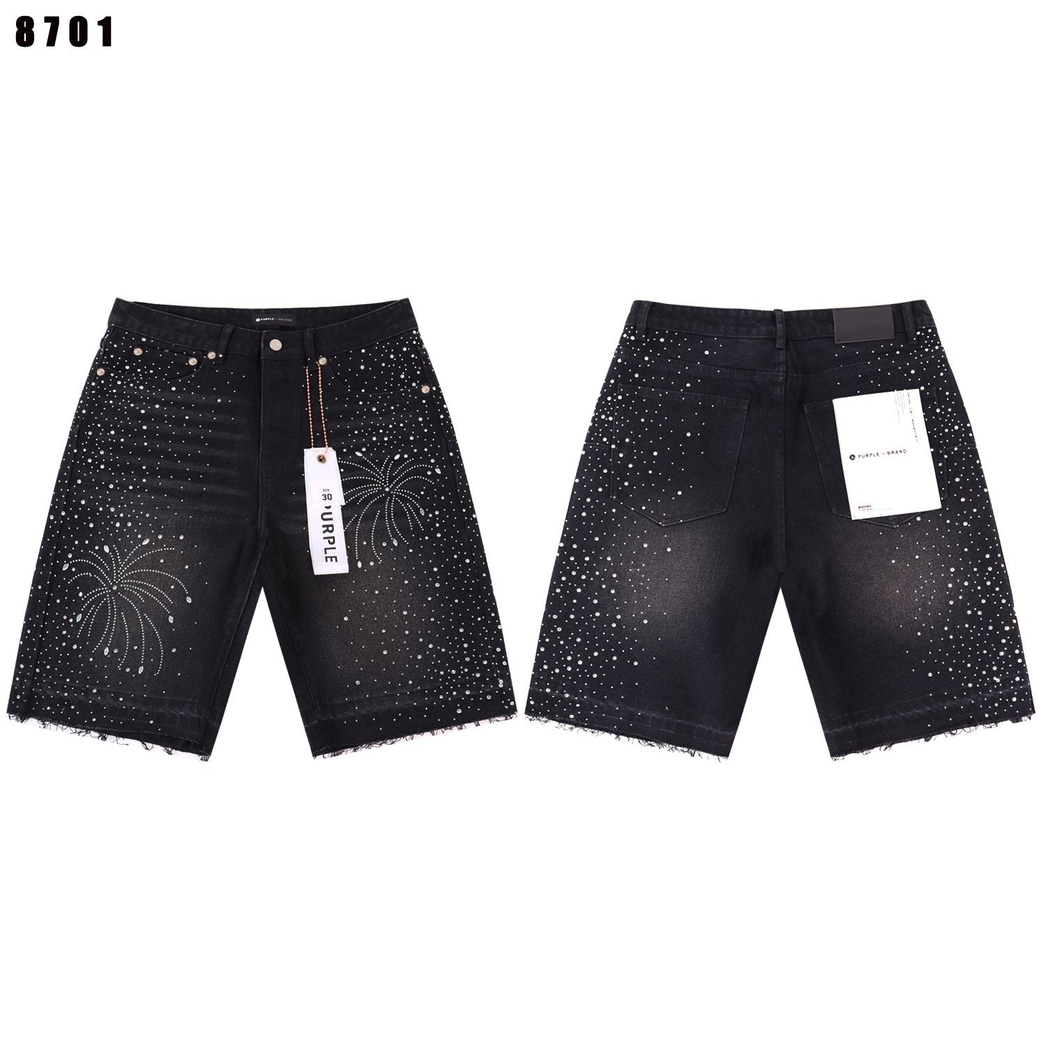PURPLE Rhinestone Graphic Denim Shorts — front