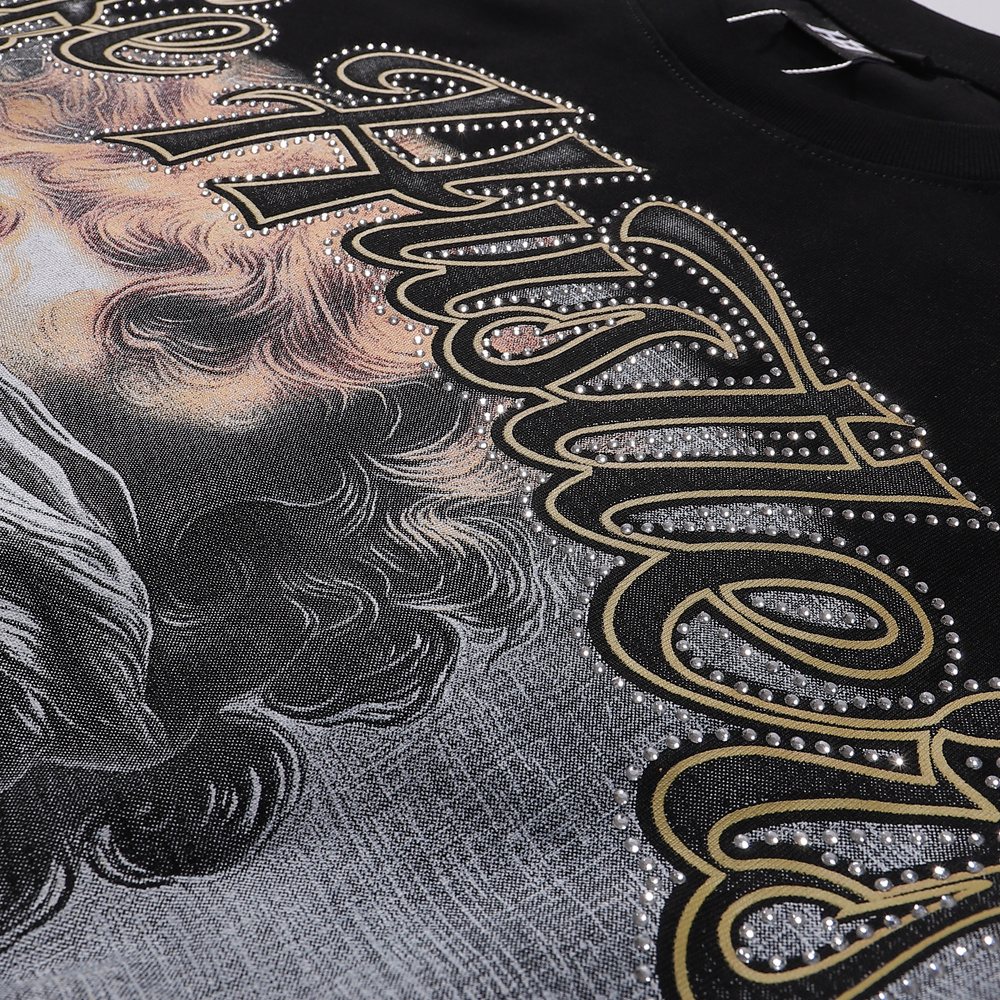 Life Hustlere Praying Angel Rhinestone Graphic T-Shirt — fabric_closeup