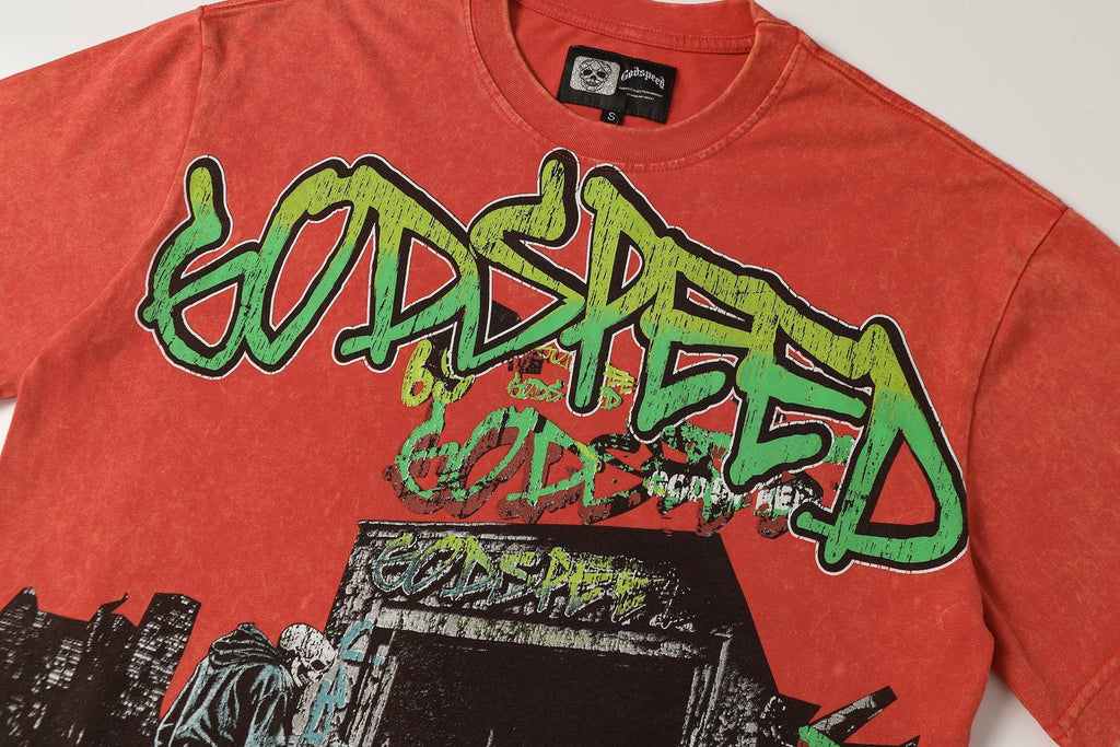 Godspeed Washed Red Skeleton Graphic T-Shirt — detail