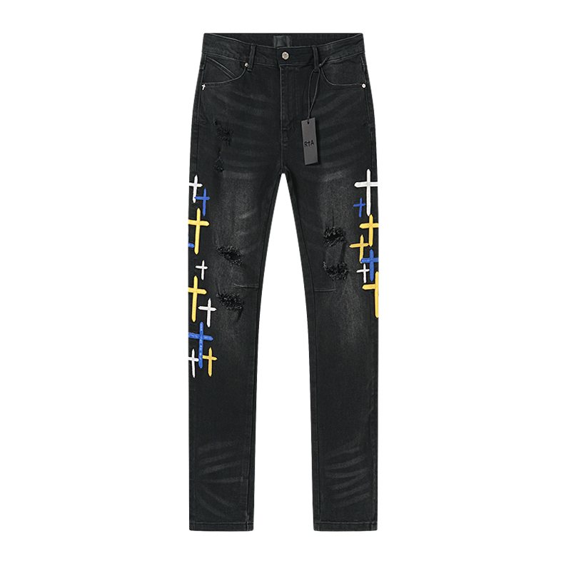 R+A Cross Embroidered Distressed Jeans — front