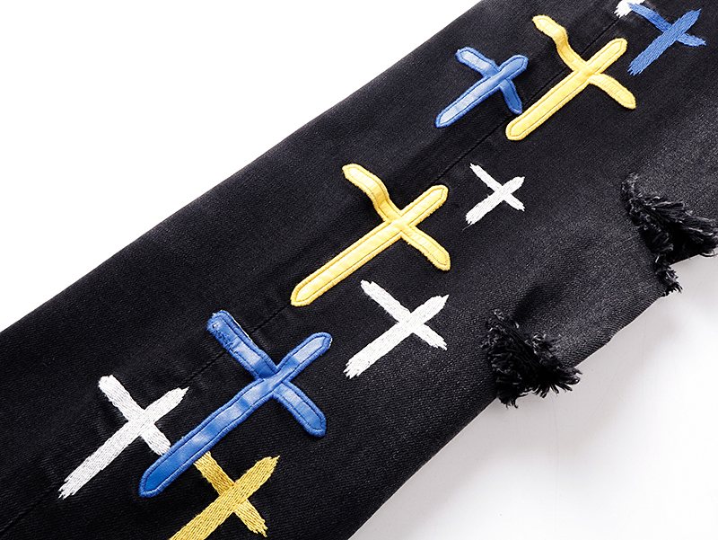 R+A Cross Embroidered Distressed Jeans — detail