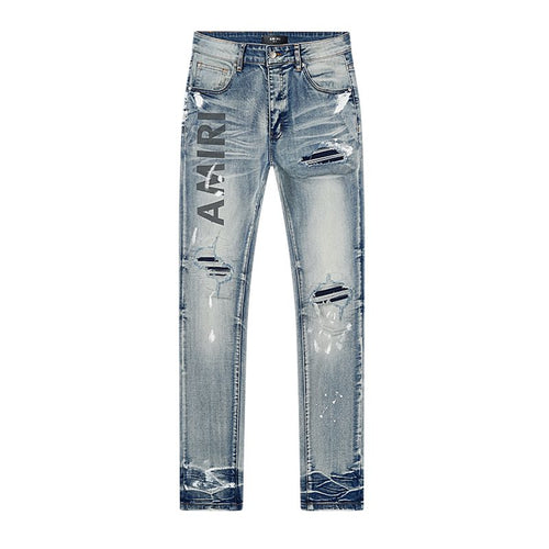 Amiri Light Blue Distressed Leg Print Jeans — front