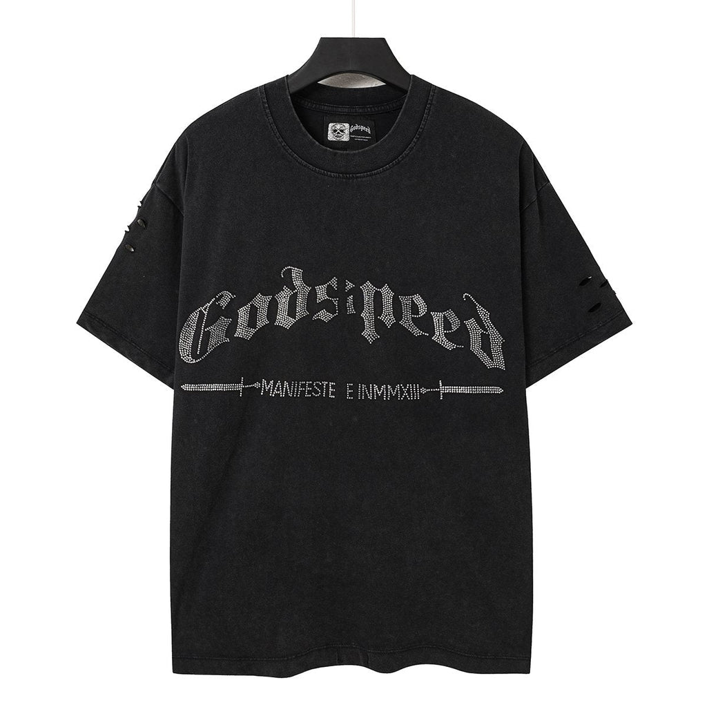 Godspeed Washed Rhinestone Graphic T-Shirt — front