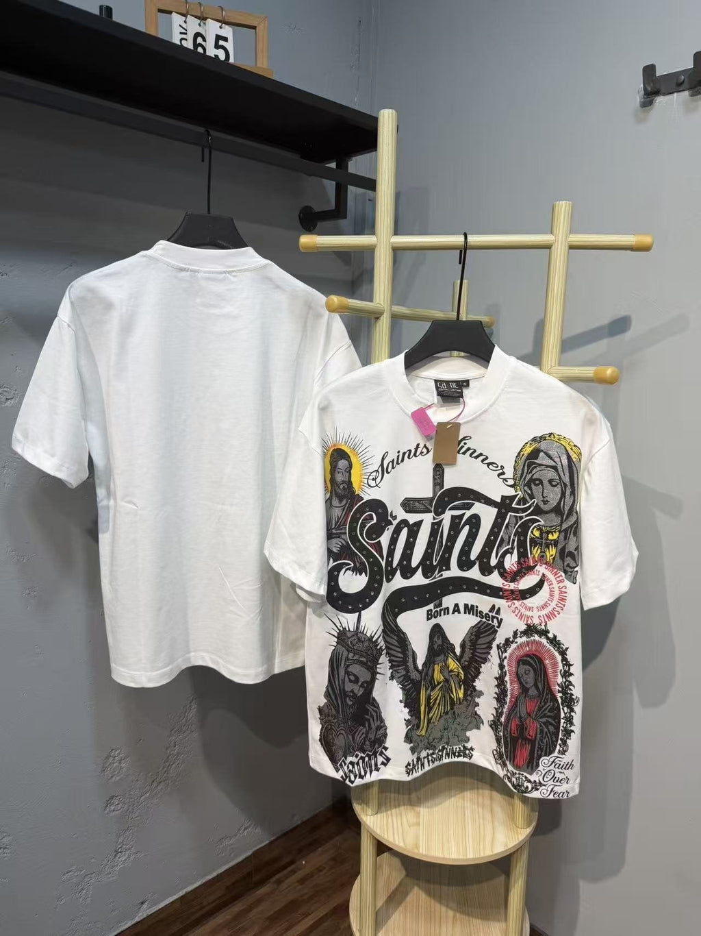 SAINT Rhinestone Religious Graphic T-Shirt — context