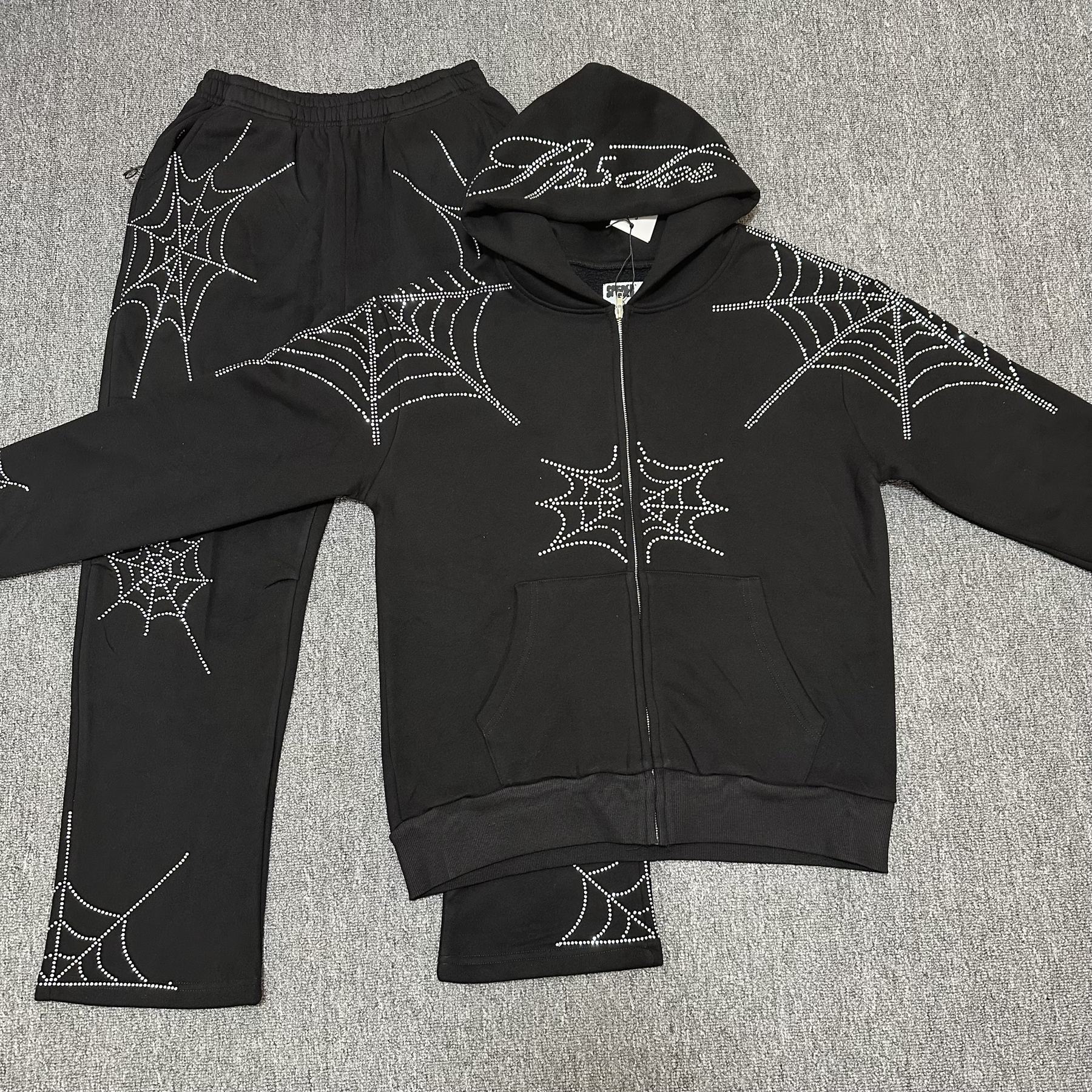 Sp5der Rhinestone Spiderweb Zip Hoodie & Pants Matching Set — front