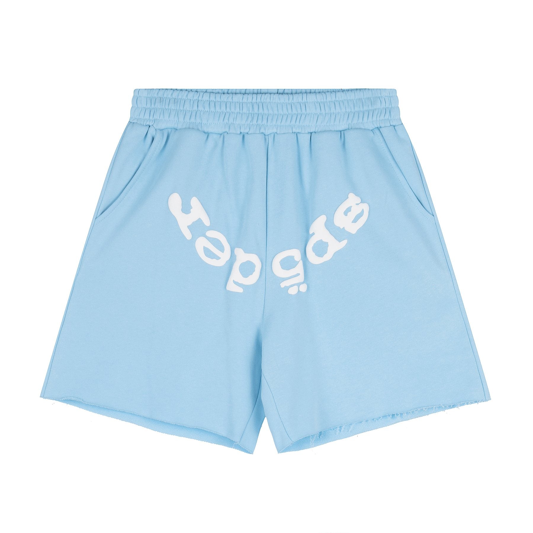 Sp5der Curved Wordmark Raw-Hem Shorts — front